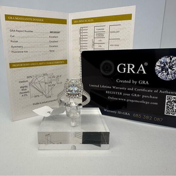 Cushion Cut Moissanite Ring Brilliant 4 Ct Halo GRA Certified 18K 925 Silver - Picture 2 of 10